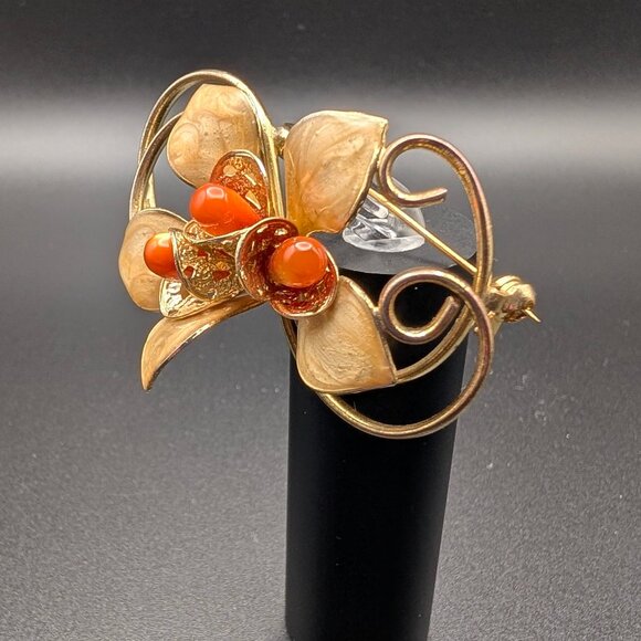 Flower Brooch with Orange Coral Cabochons - 1960's - Vintage - Picture 2 of 8